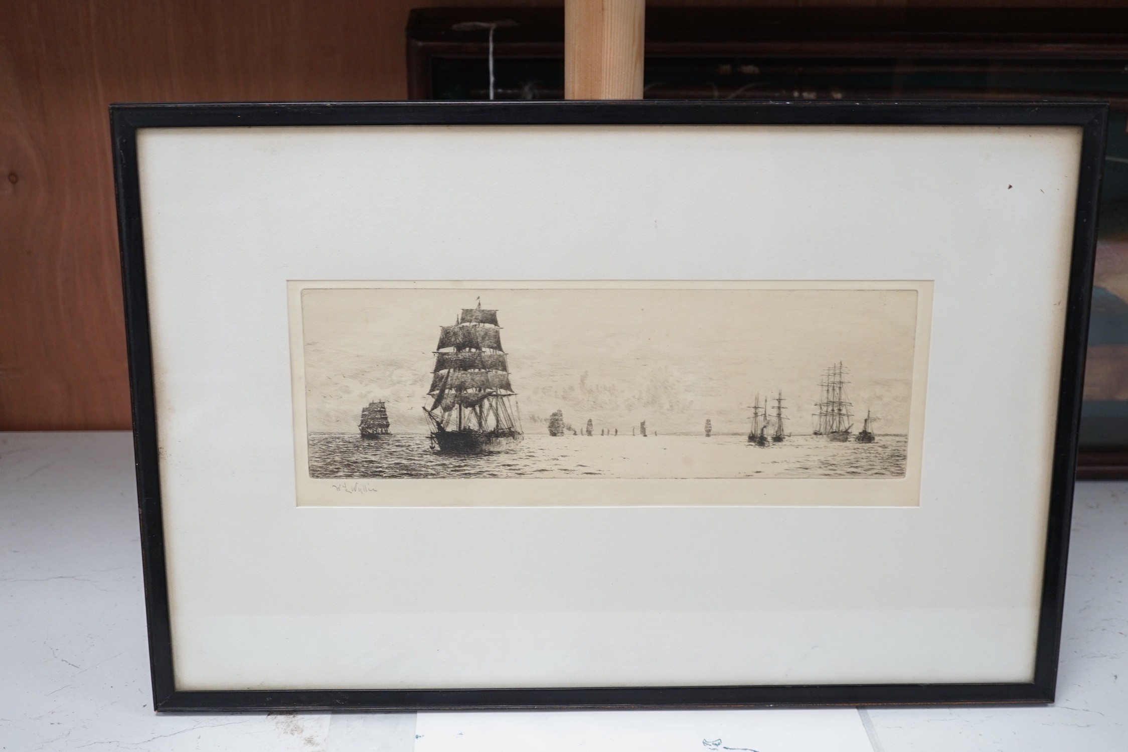 William Lionel Wylie (1851-1931), drypoint etching, Ships in convoy, signed in pencil outside the plate, 12 x 34cm, together with another similar, unsigned, 20 x 50 cm